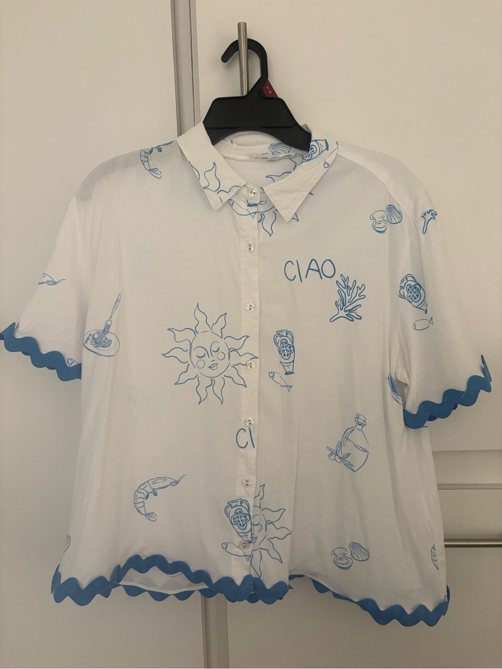 Ciao Blue & White Short-Sleeve Button Front Top